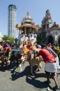 Devotees make their offering for lord Murugan in silver chariot leave Sri Kamatchi Amman Temple. Royalty Free Stock Photo